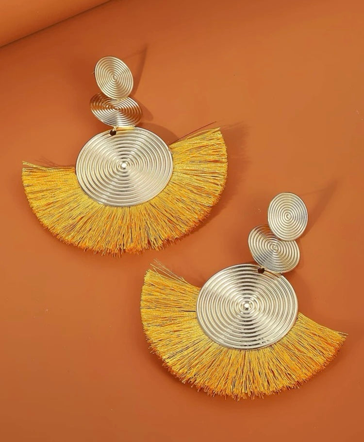 Gold Yellow Classy Circle Tassel Drop Earrings Bohemian Style Fan-Shaped Earrings for Women Accessories