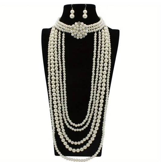 Long Elegant Radiant Pearl Rhinestone Faux Women's Necklace Jewelry Set Accessories