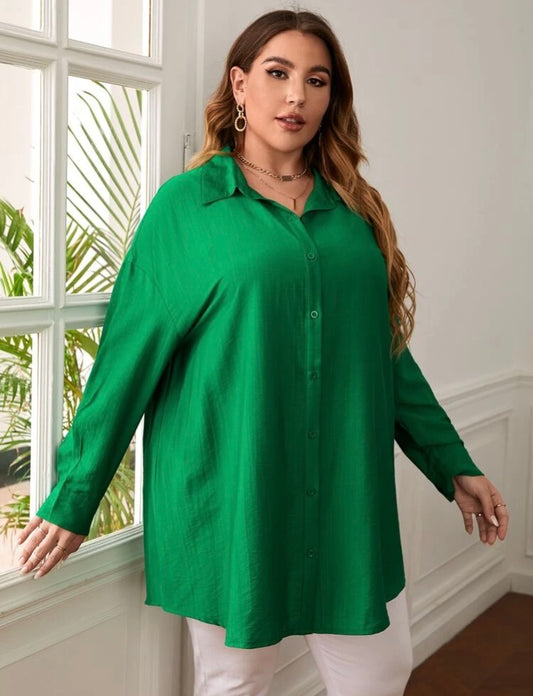 Beautiful Comfy Green Versatile Plus Long Sleeved Button Front Shirt Top Coat Dress Women’s Wear