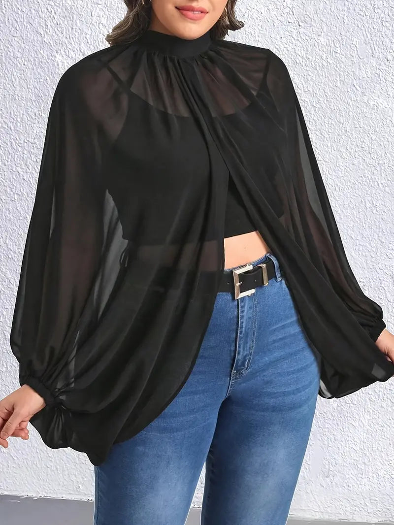 Black Sheer Plus Size Elegant Mock Neck Split Blouse  Lantern Sleeve Comfortable Fit for Curvy Women