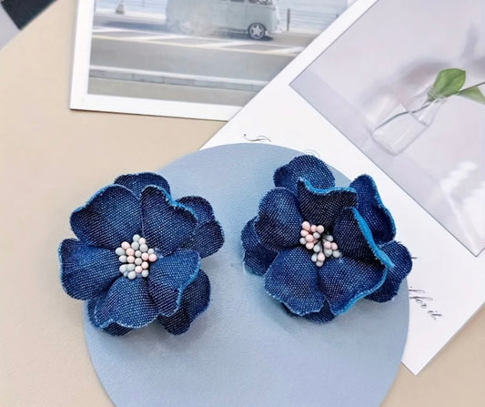 Denim Pretty Stud  Handmade Flower Blue Jeans Floral Statement Hot Fashion Ladies Earrings