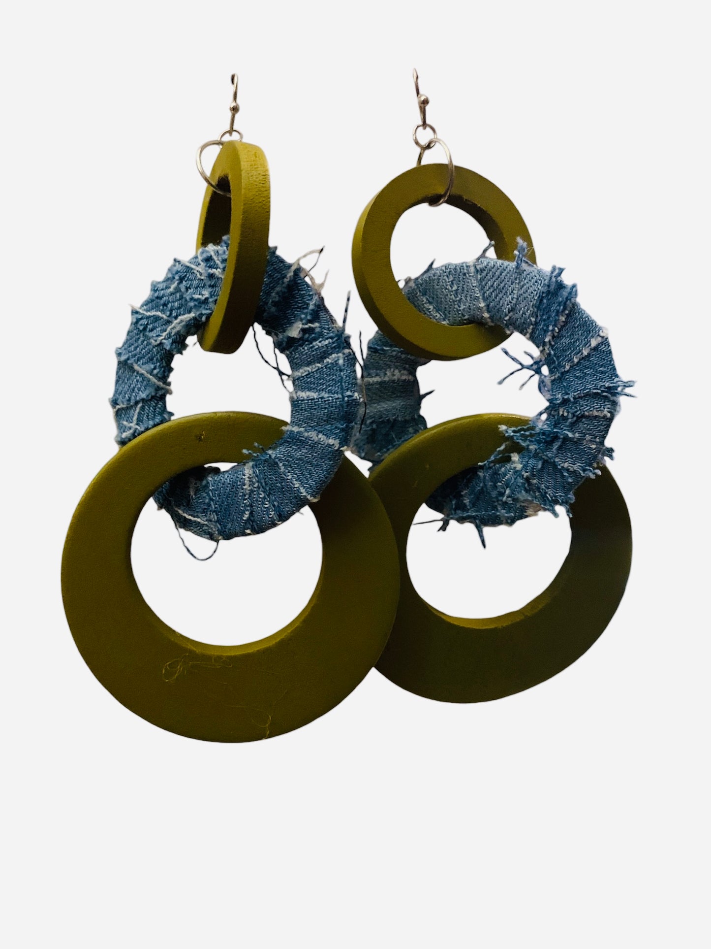 Handmade Fashion Denim Wood Statement 3 Ring Dangling Earrings Accessories Women's