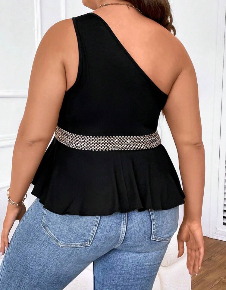 It’s Halter Season Black Plus Gold Ring Linked One Shoulder Belted Styling Summer Vacay Top Blouse Shirt