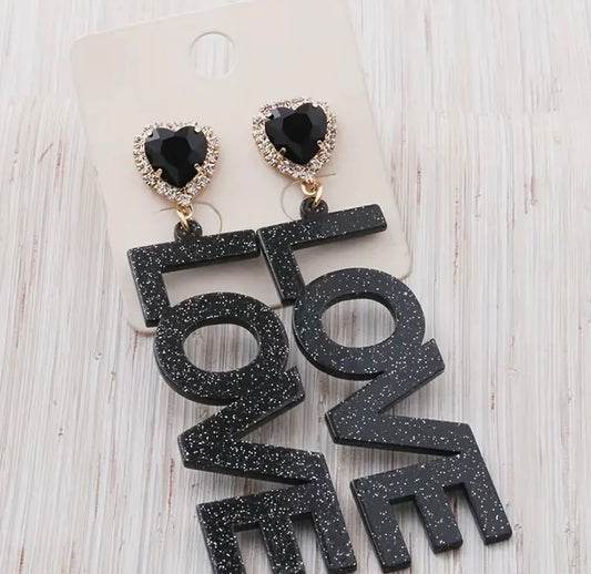 Black Glitter Chic Dangle Earrings Trendy Love Heart Design Rhinestone Resin Jewelry