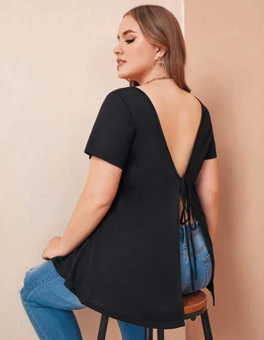 Plus Size Round Neck Solid Black Tie Backless Tie Tee Top Blouse