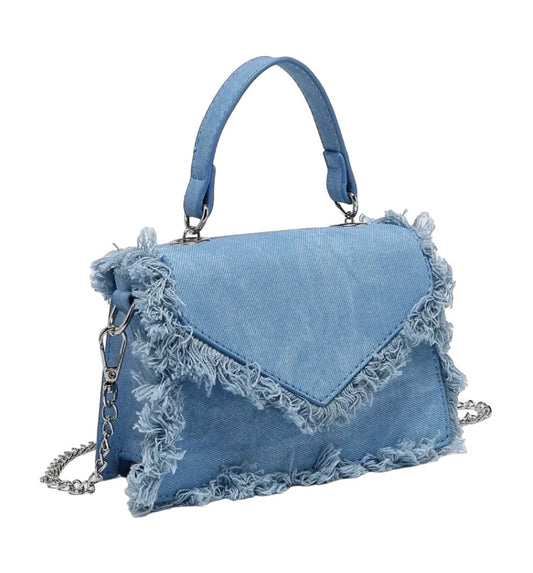 Classy Trendy Chic Light Blue Denim Jean Small Mini Crossbody Handbag Bag w Chain Strap Handbag Tote Purse for Women