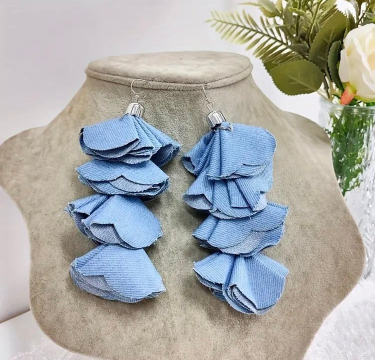 Beautiful Four Layered Denim Handmade Flower Petal Tassel Dangle Earrings for Women Fashion  Jewelry