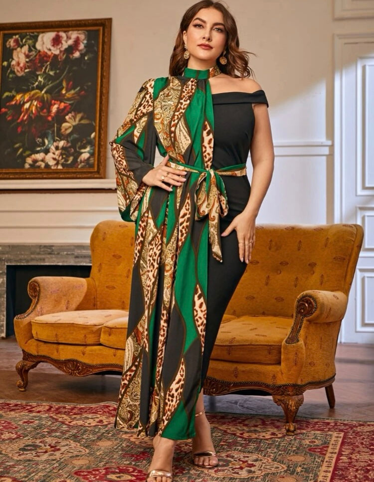 Plus Curvy Woman Green Stunning One Shoulder Glam Diva Choker Neck Leopard & Baroque Print Dress  Clothing