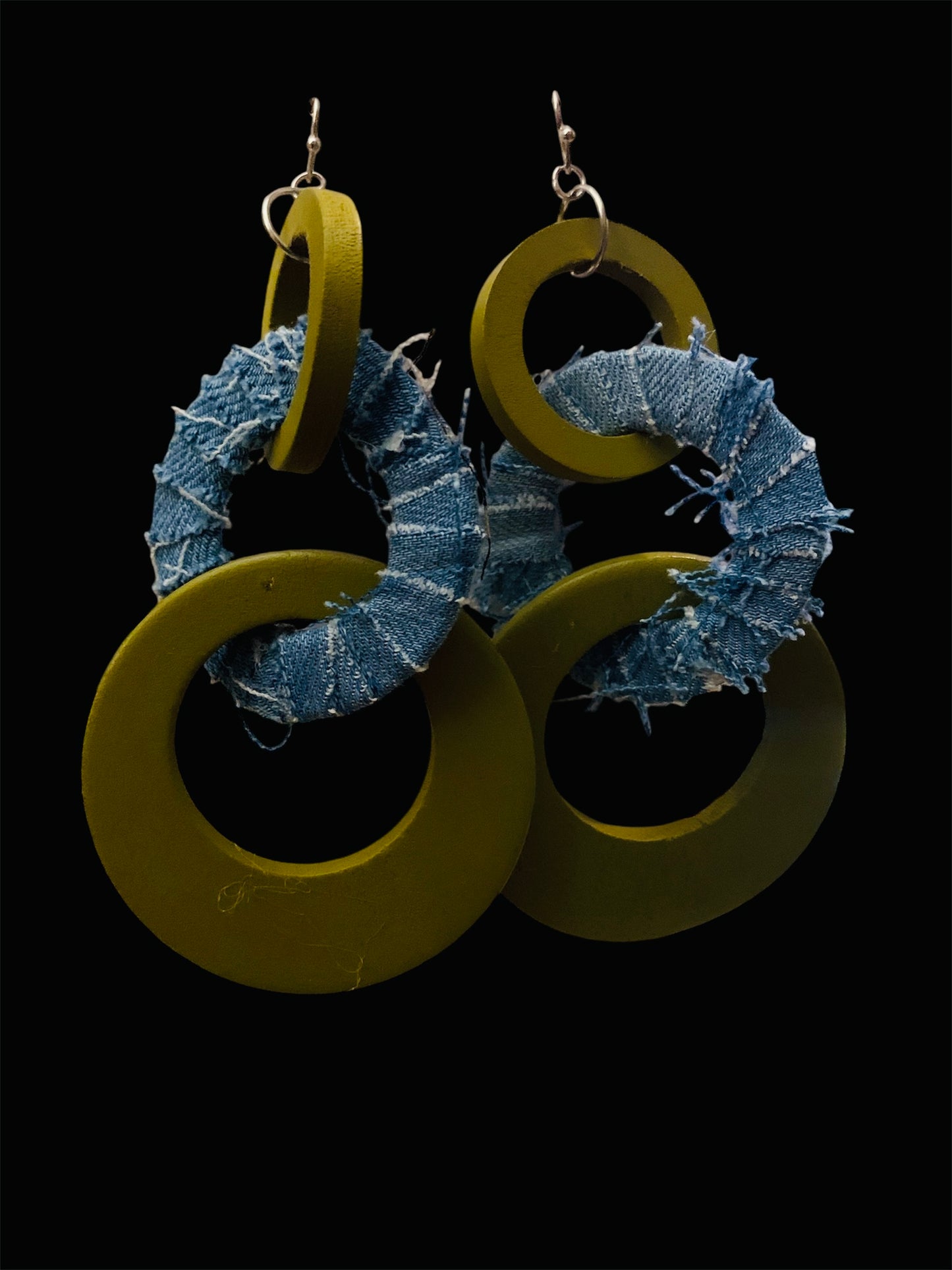 Handmade Fashion Denim Wood Statement 3 Ring Dangling Earrings Accessories Women's