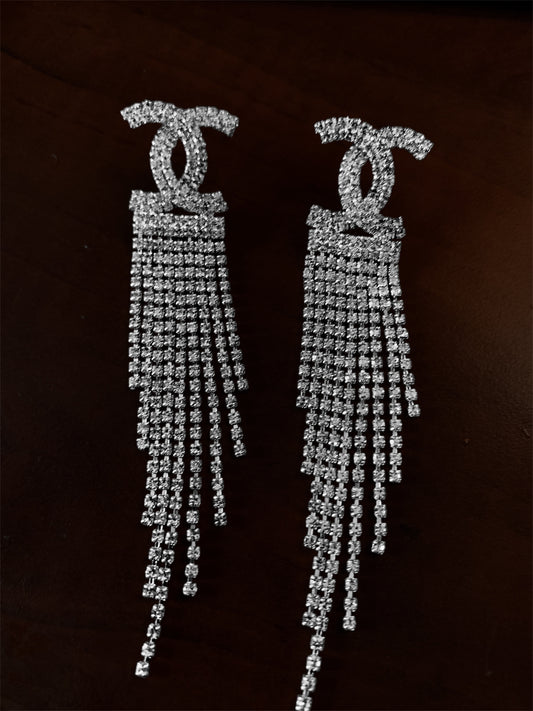 Luxury Silver Tassel Crystal Double C Drop Earrings for Women Shiny Rhinestone Earrings