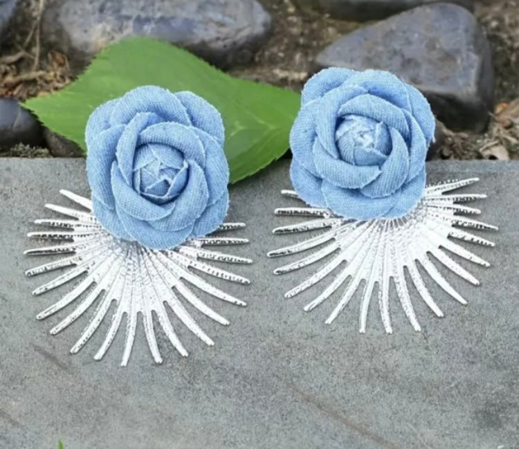 Blue Flower Denim Silver Spike Fashionable Statement Earrings Women’s Accessory