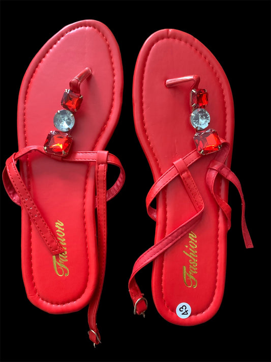 Rhinestone Red Shoe Thongs Open Toe Flat Cute Pretty Party Comfy Shoe Sandals