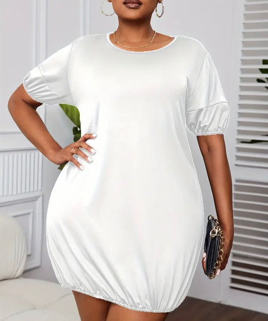 White Cute Plus Size Solid Draw Trim Dress Casual Tee Styled Women's Plus Size Clothing