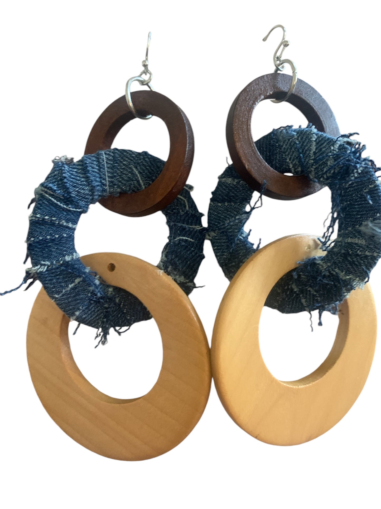 Handmade Fashion Denim Wood Statement 3 Ring Dangling Earrings Accessories Women's