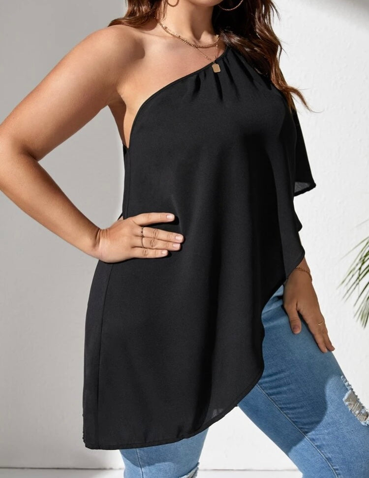 Women’s Black Casual One Shoulder Fashion Top Blouse Shirt  Plus Size