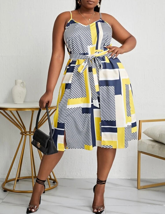 Self-Confident Plus Striped Yellow & Blue Patchwork Print Thigh Split Belted  Dress Summer Happy Wear