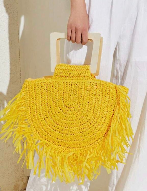 Yellow Fringe Trim Straw Tote Purse Woven Bag Perfect for Summer Vacay Beach Ocean Life Travel Accessories
