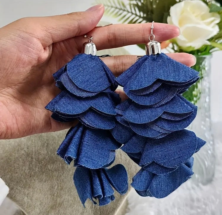 Beautiful Four Layered Denim Handmade Flower Petal Tassel Dangle Earrings for Women Fashion  Jewelry