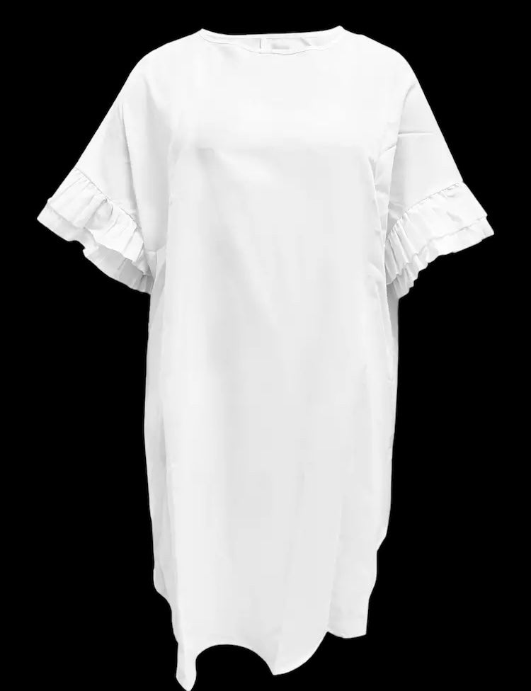 White Easy Slip On Cute Plus Size Solid Ruffle Trim Dress Casual Crew Neck Half Sleeve Women's Plus Size Clothing