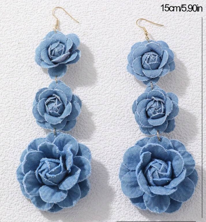 Beautiful Fashionable Triple Denim Flower Blue Jeans Big Flower Earrings for Women Jewelry Accessory