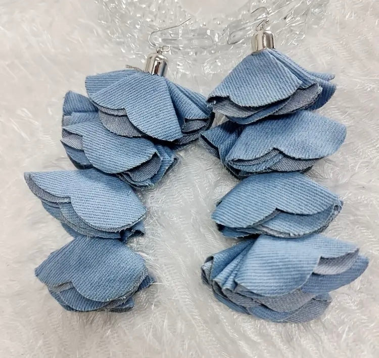 Beautiful Four Layered Denim Handmade Flower Petal Tassel Dangle Earrings for Women Fashion  Jewelry