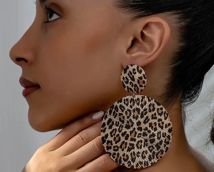 Tiger Cheetah Printed Look Elegant Oversized Round Disc Shaped Earrings Fashion Statement Ear Glamz Wear Accessories