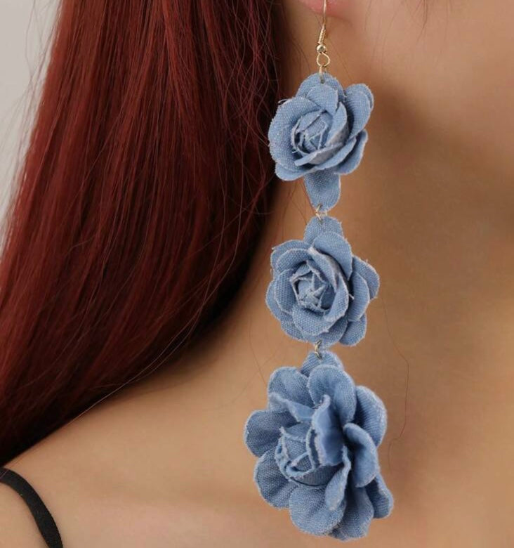 Beautiful Fashionable Triple Denim Flower Blue Jeans Big Flower Earrings for Women Jewelry Accessory