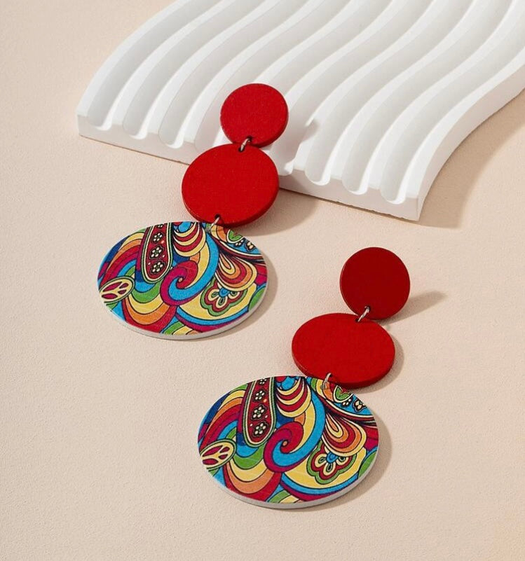 Cute Red Paisley Rainbow Colors Designed Graphic Wooden Round Drop Earrings Jewelry