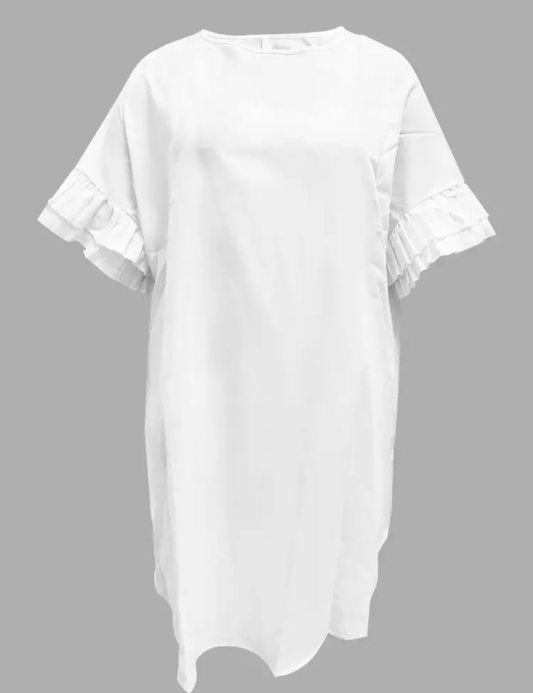 White Easy Slip On Cute Plus Size Solid Ruffle Trim Dress Casual Crew Neck Half Sleeve Women's Plus Size Clothing