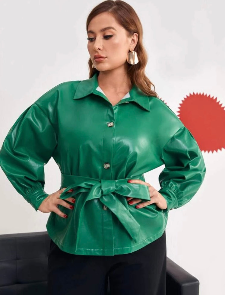 Attractive Green Plus Shirt Blouse Shoulder Belted Stylish PU Leather Jacket for Fall Winter  Clothing Casual Formal Wear