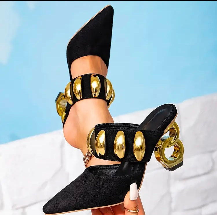 Elegant Black Gold Suede Sexy Pointed Toe w Golden Buckle Slip-On Party Fashion Mule Clog Heels