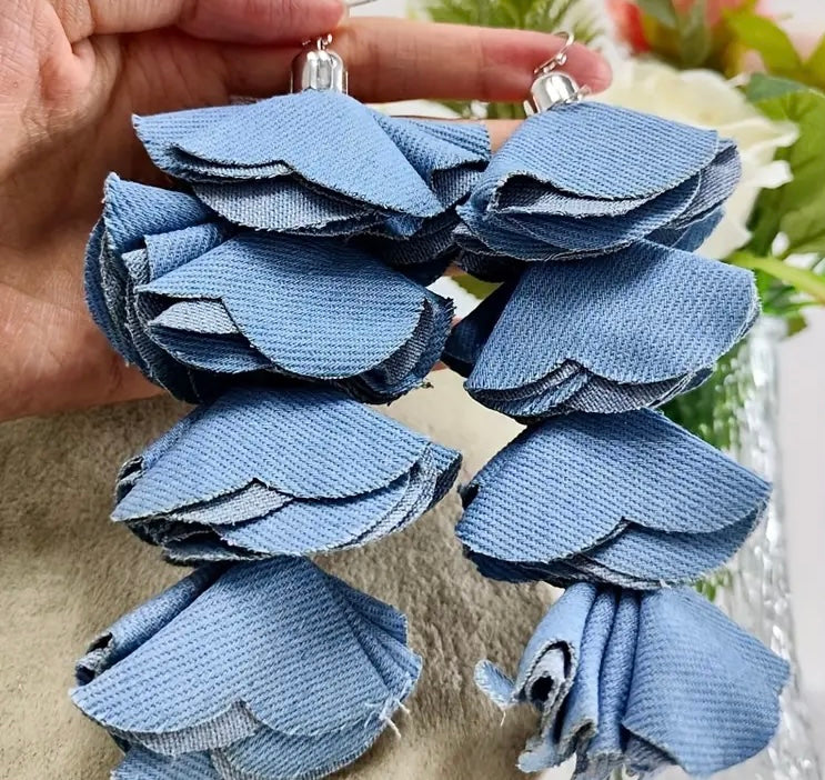 Beautiful Four Layered Denim Handmade Flower Petal Tassel Dangle Earrings for Women Fashion  Jewelry