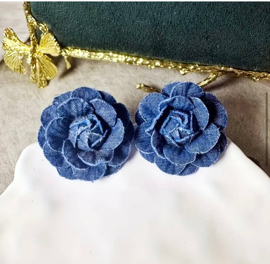 Denim Pretty Stud  Handmade Flower  Bold Blue Jeans Floral Statement Hot Fashion Ladies Earrings