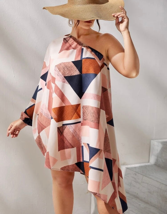 Beautiful Colored Plus Size Tan Mixed Styled Patchwork Print One Shoulder Lantern Sleeve Pull All Oversized Dress Fits Most Hem Clothing