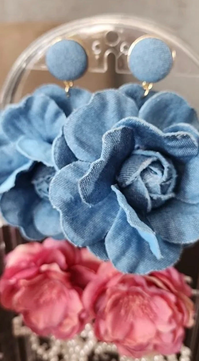 Denim Rose Flower Women Drop Bold Elegant  Exaggerate Statement Earrings