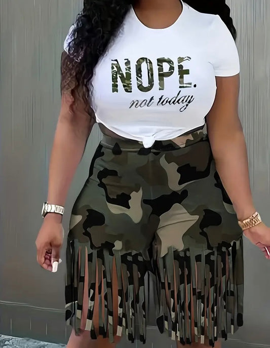 Fashion Army Soldier Girl Plus Size Casual Outfits Two Piece Set Women's Plus Camo & Slogan Print Short Sleeve Round Neck Top Fringe Trim Shorts Set