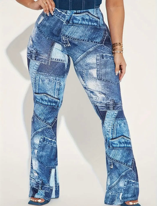 Blue Denim Look Plus Size Patchwork Print Casual High Waist Pants Women's Plus Size Clothing