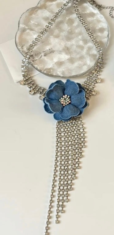 Elegant Styled Denim Blue Flower Tassel Earrings With Rhinestones Dangle Earrings for Formal & Casual Wear