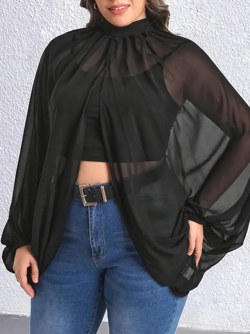 Black Sheer Plus Size Elegant Mock Neck Split Blouse  Lantern Sleeve Comfortable Fit for Curvy Women