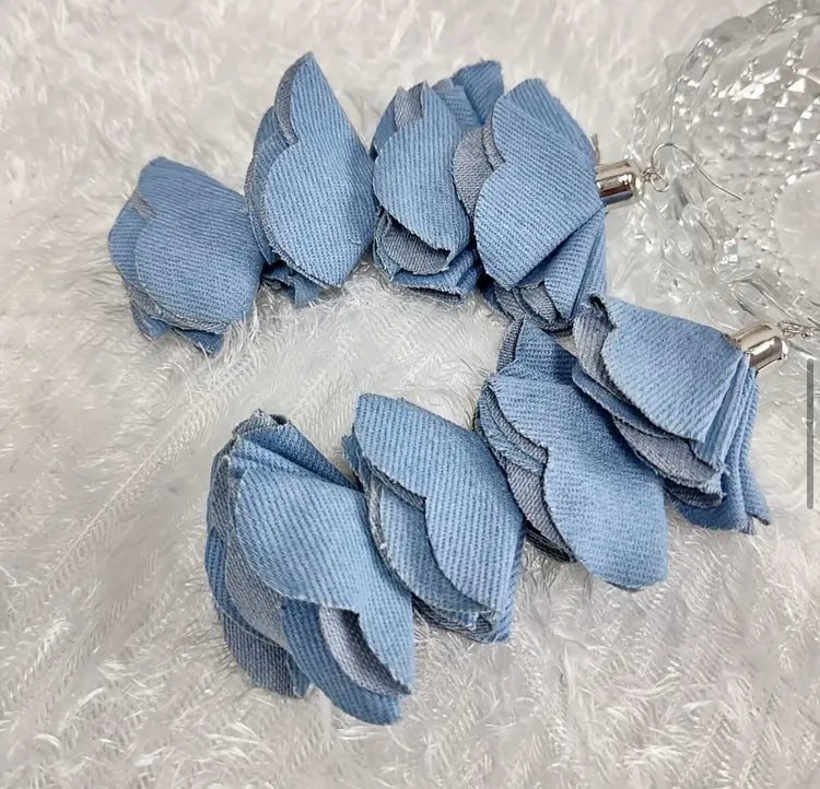 Beautiful Four Layered Denim Handmade Flower Petal Tassel Dangle Earrings for Women Fashion  Jewelry