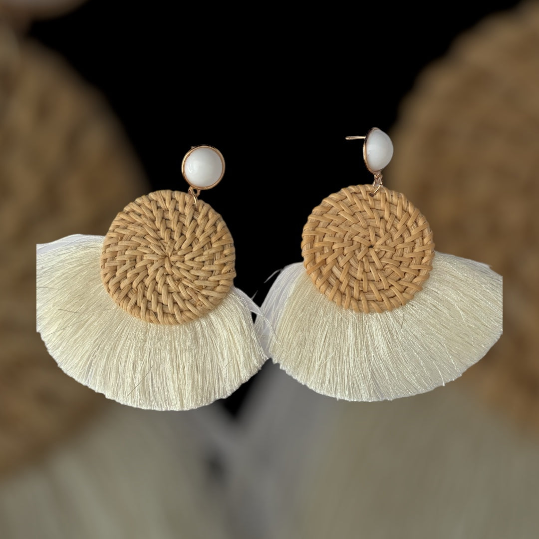 Women's White Woven Beach Styled Feathered Bamboo Styled Statement Fashion Earrings Accessory