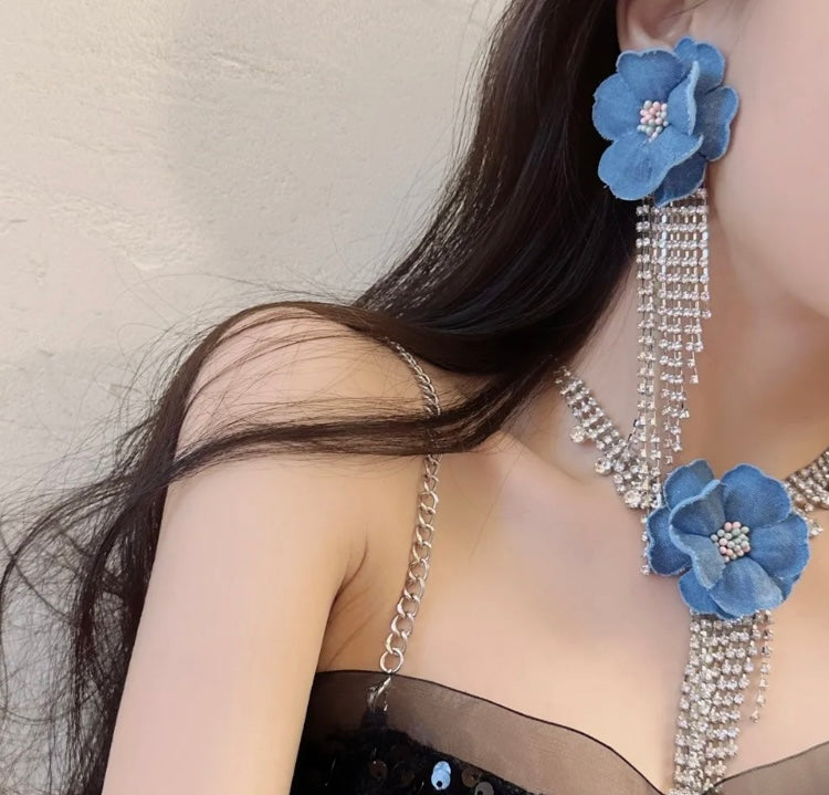 Elegant Styled Denim Blue Flower Tassel Earrings With Rhinestones Dangle Earrings for Formal & Casual Wear