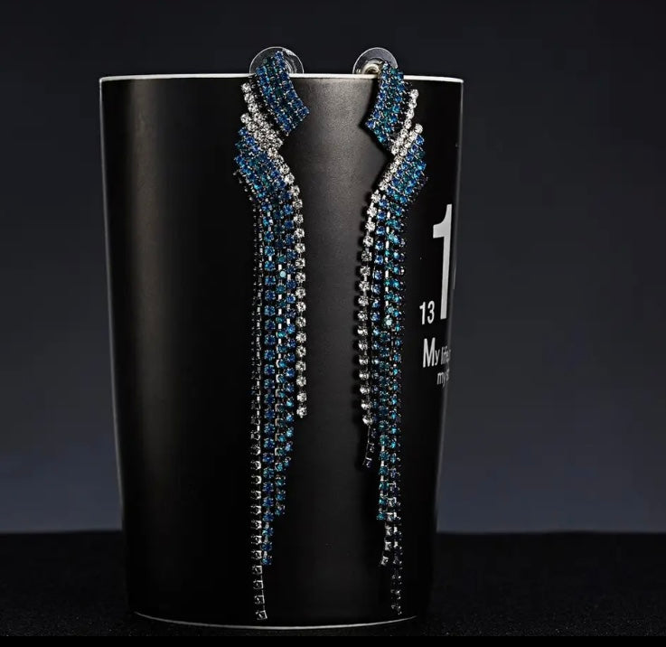 Blue Rhinestone Crystal Fashion Long Tassel Earrings for Women's Jewels