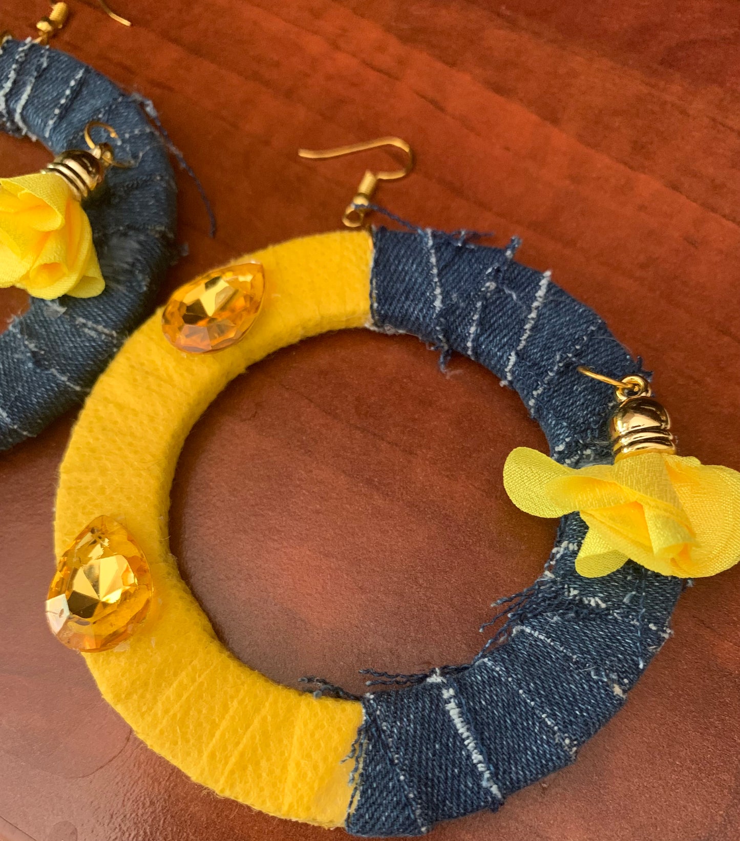 Fashion Statement Denim Yellow Wood Distressed Customized w Floral Enhanced Hoop Earrings Jewelry