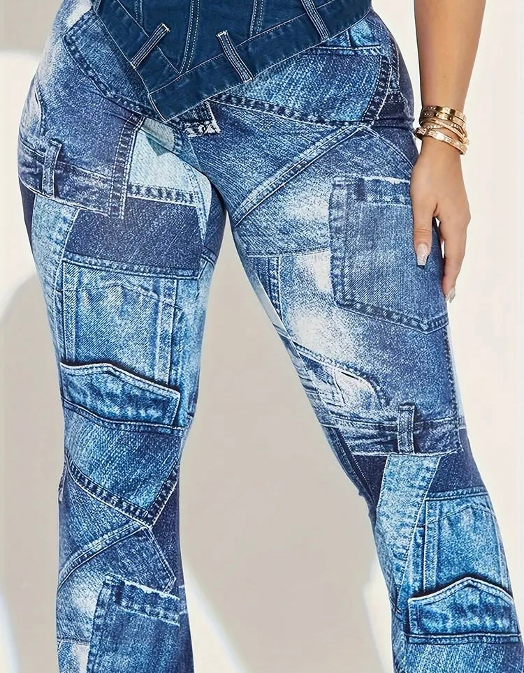 Blue Denim Look Plus Size Patchwork Print Casual High Waist Pants Women's Plus Size Clothing