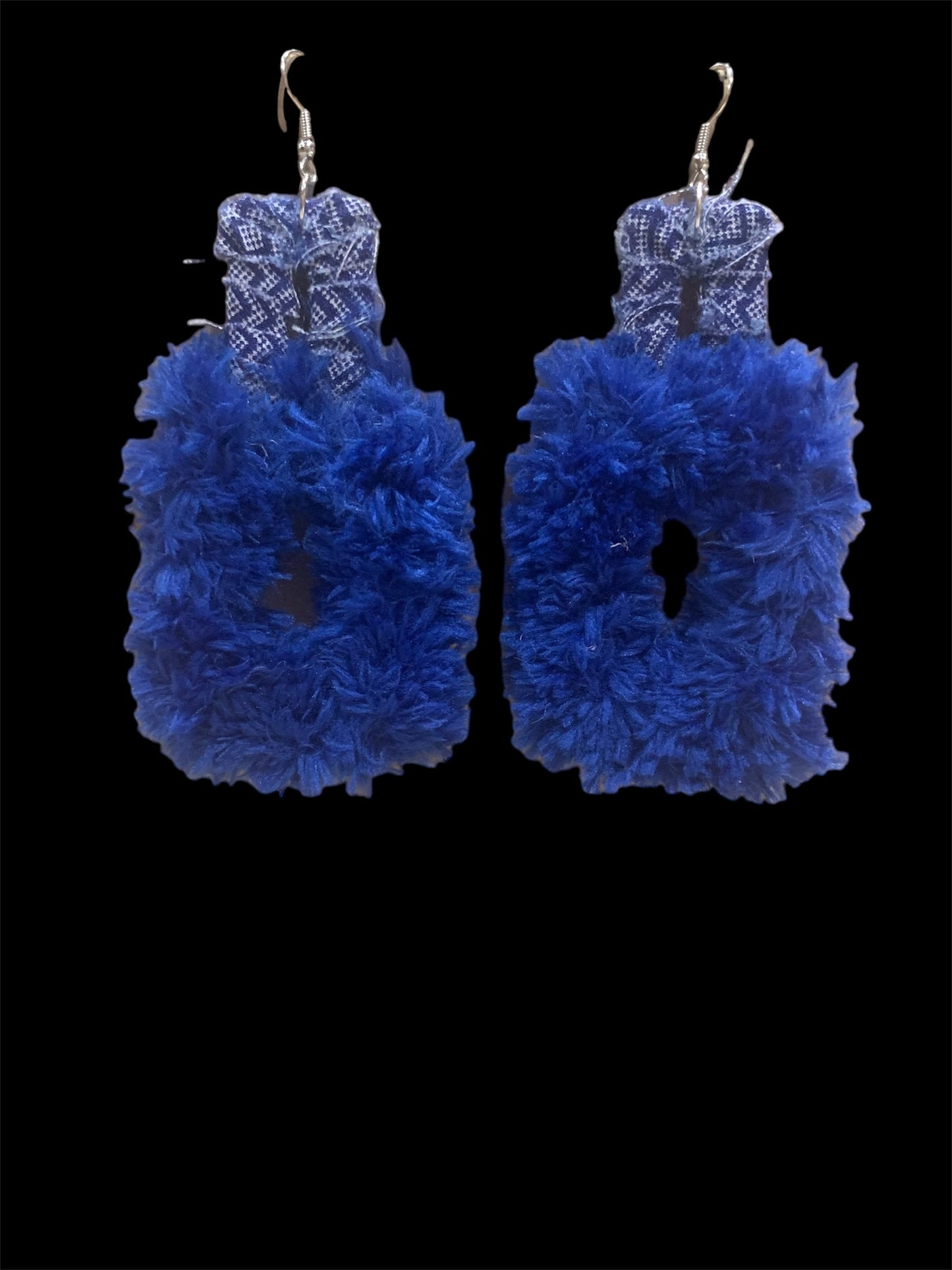 Fashion Statement Double Square Design Customized Denim Look Blue Furry Fuzzy Diva Chic Earrings Accessories