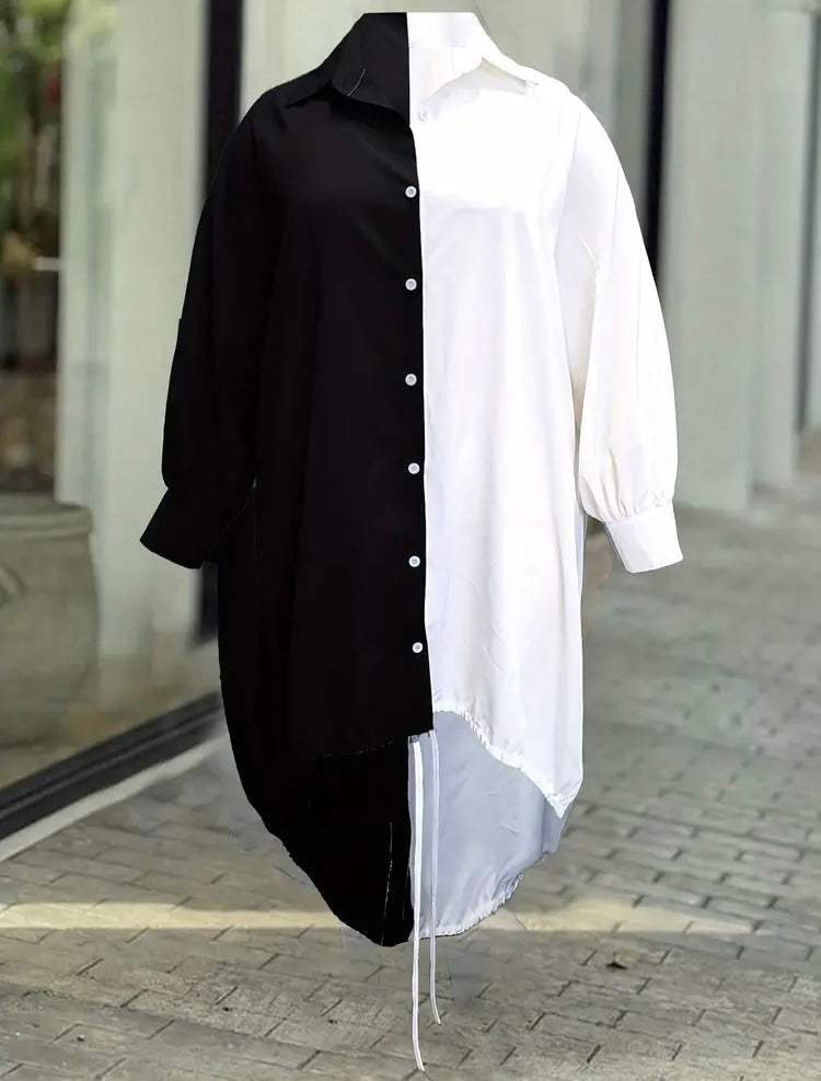 Classy High Fashion Button Front Drawstring  Shirt Dress Women's Plus Size Casual Stretch Loose Fit Trendy Statement Shirt Dress