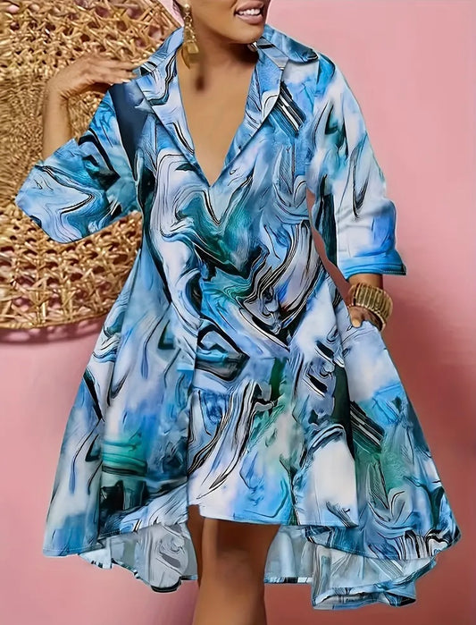 Beautiful Blue Plus Size Marble Print Long Sleeve Polo Neck Dress with Pockets Comfortable Stretch Fabric Flattering Fit Casual Wear Clothes