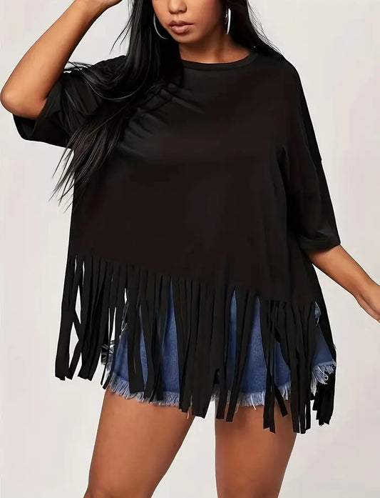 Black Styled Plus Fringe Cami Top Shirt Blouse Ladies Beach Outer Wear Clothing