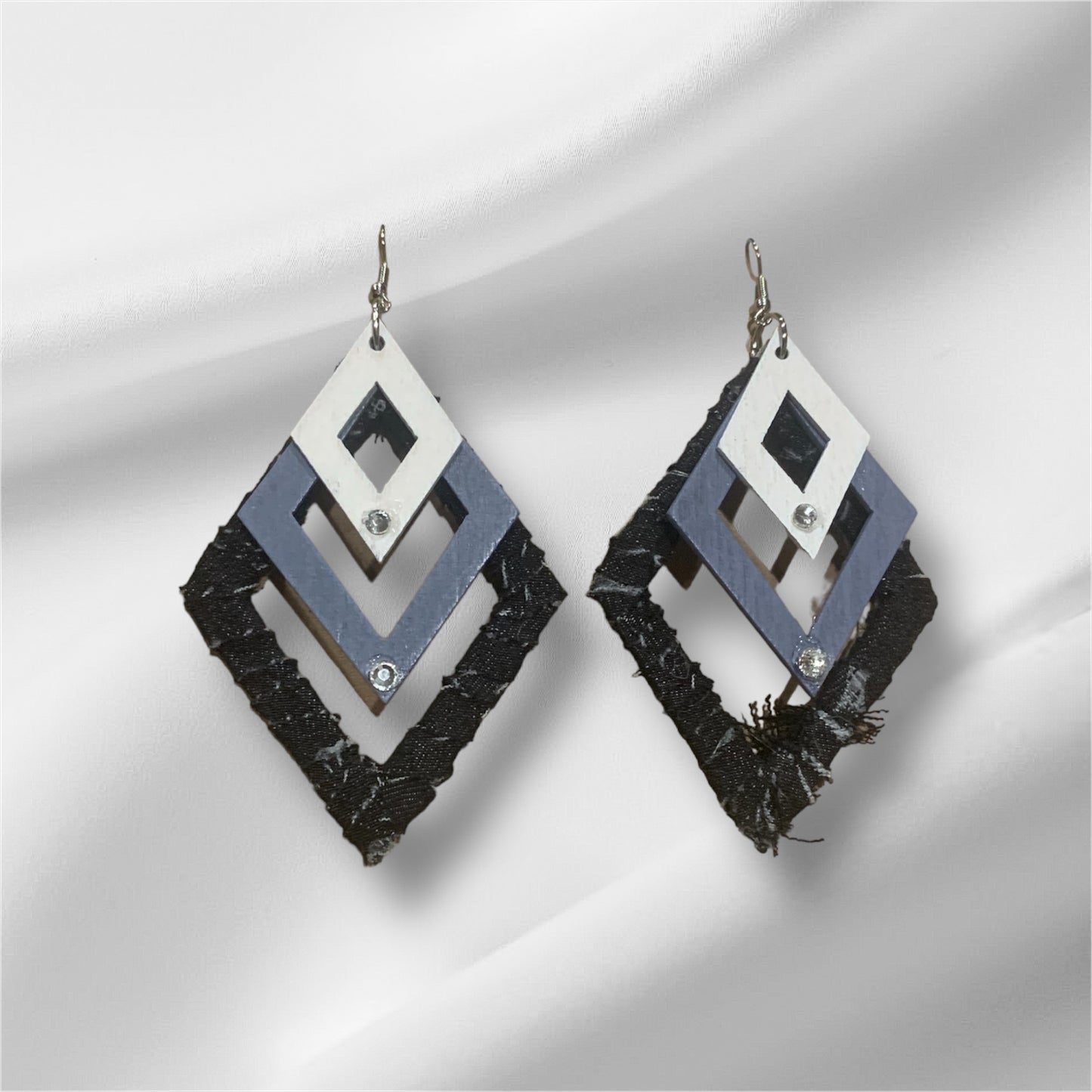 Fashion Statement Black Denim w Gray & White Accented Colors Wood Distressed Rhinestone Customized Triangles Earrings Jewelry